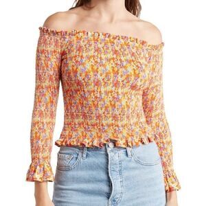 Caroline Constas Felicia Shirred Smocked Floral Off-the-Shoulder Top Sz M NEW